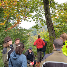 Studierende stehen im Wald und diskutieren miteinander