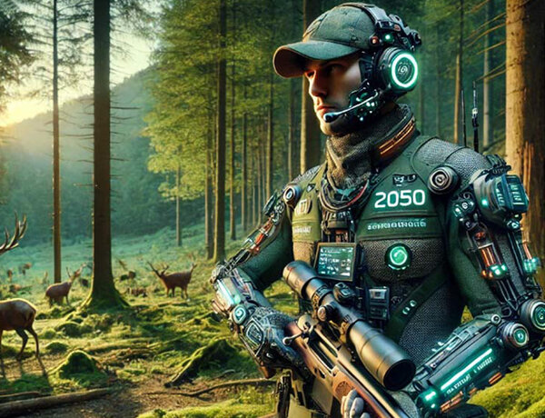 Mit KI erstelltes Bild mit einem Jäger mit futuristischer Ausrüstung im Wald