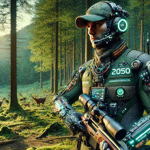 Mit KI erstelltes Bild mit einem Jäger mit futuristischer Ausrüstung im Wald