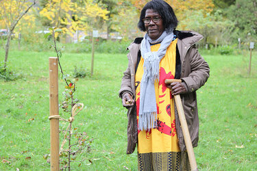 Helen Hakena bei der Pflanzung einer Wildbirne im Arboretum