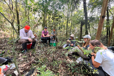 Gemeinsames Picknick im FOM – Prof. Afonso Figueiredo Filho mit der beliebten HFR Kappe, neben drei HFR Studierenden, die Ihre Praxisphase in Brasilien verbringen